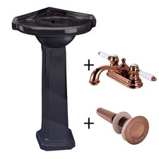 Corner Pedestal Sink Black Ceramic Space Saving with 4" Rose Gold Faucet & Drain