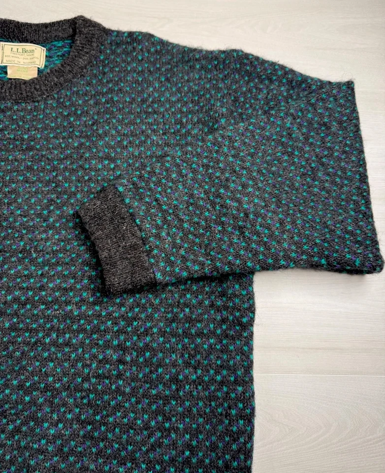 Vtg LL Bean Heavy Wool Rayon Sweater Green Birds Eye Fisherman Norway 2XL RARE - Image 2 of 4
