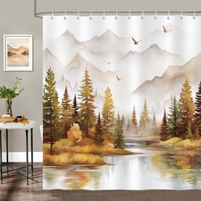 72x72 Inch Brown Misty Forest Shower Curtain Mountain Lake Nature Bath Hook