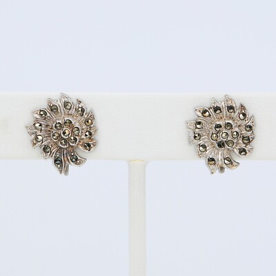 Vintage Sterling Bead Set Marcasite Flower Screw Back Figural Earrings 1940s