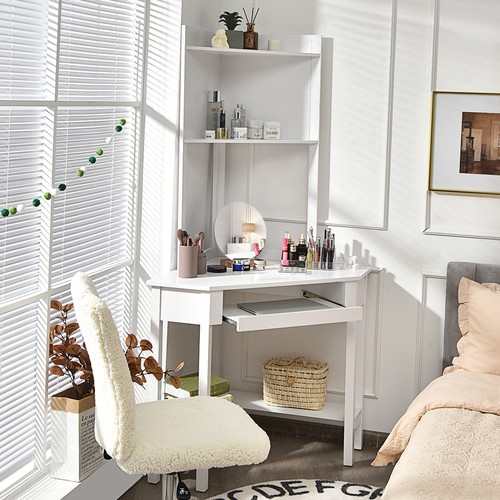 Giantex Corner Computer Desk Triangle Study Desk w/ Hutch & Keyboard Tray White - Picture 2 of 12