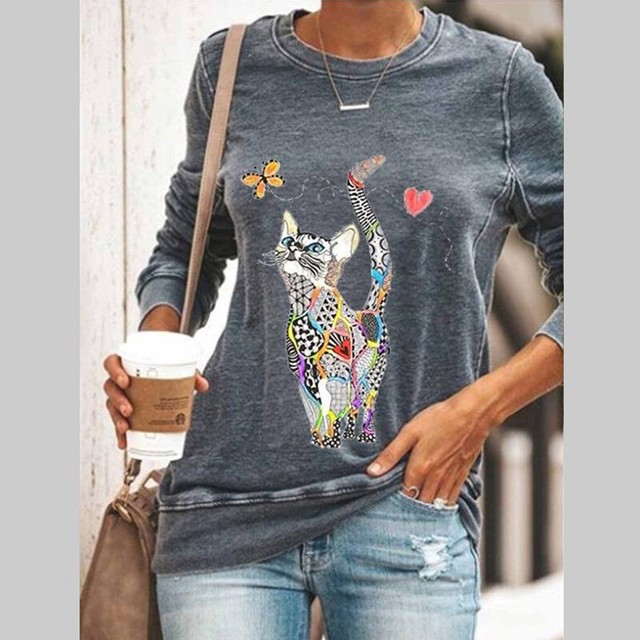 Womens Long Sleeve Lovely Cat Print T Shirt Loose Crew Neck Casual Tops