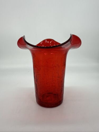 Vintage Red Orange Crackle Glass Vase 5.5" Hand Blown w/Ruffled Top EUC - Picture 5 of 13