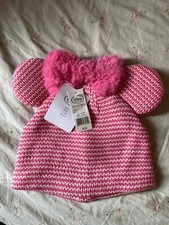 Lot 3 Pink Disney Minnie Mouse Knit Beanie Caps w Fur Bow Child Sz M/L 7-10 NWT