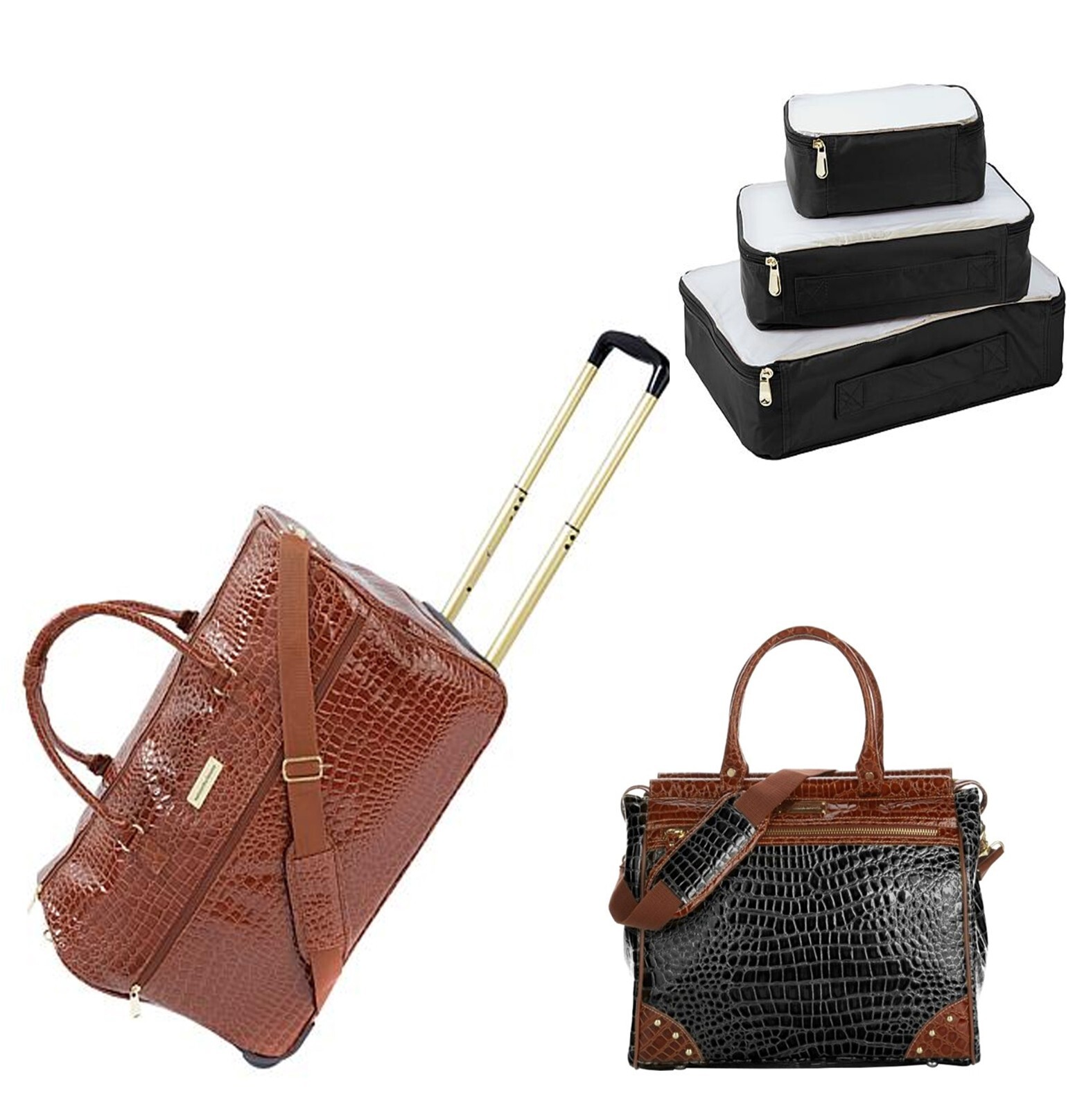 Croco Embossed 5pc Jet Set  Weekender Chestnut Brown