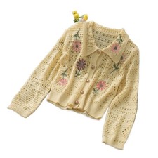women Floral Embroidery Knitted Jacket Cardigan Sweater Hollow Tops Knitwear