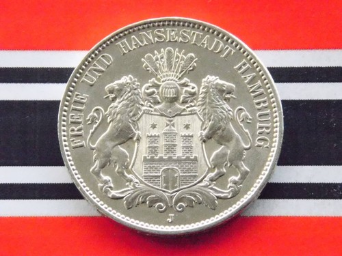 GERMAN 3 Mark 1914 J States HAMBURG Hansestadt 90% Silver Coin EMPIRE WW1 + UNC+ - Picture 2 of 9