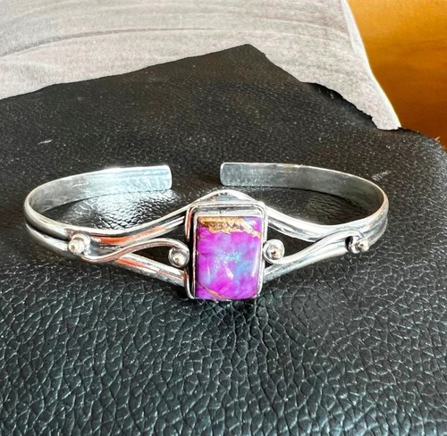 Purple Copper Turquoise Gemstone 925 Sterling Silver Handmade Bracelet - Picture 2 of 4