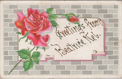 Beatrice NE Nebraska Greetings Brick Wall Rose Embossed c1910 postcard AP8