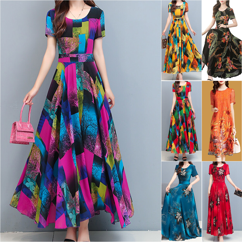 Women Floral Short Sleeve Maxi Long 
