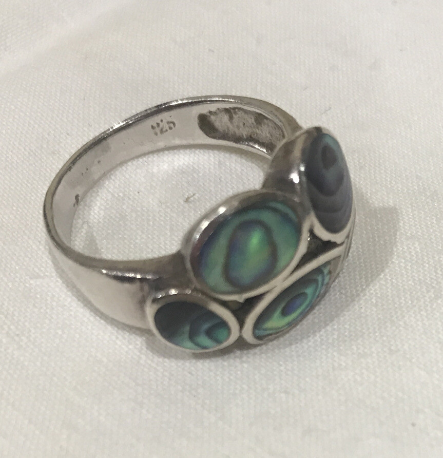 Solid Sterling Silver 925 Abalone Ring 5 Stones N… - image 4
