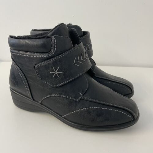 Softlites Black Boots Adjustable Strap Ankle Flat Comfort Square Toe Size 6 39 - Picture 1 of 11