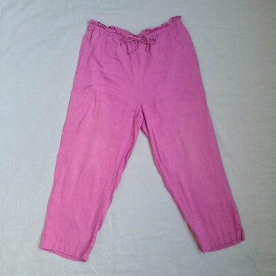 Mango Damen 100% Leinen Hose weites Bein Größe M Gummibund Kordelzug rosa