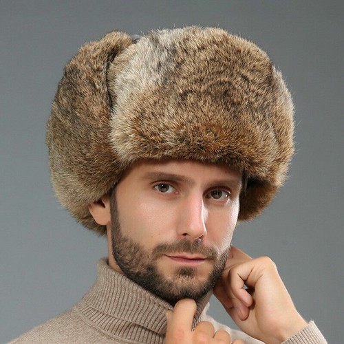 Mens Winter Real Genuine Rabbit Fur Hat 