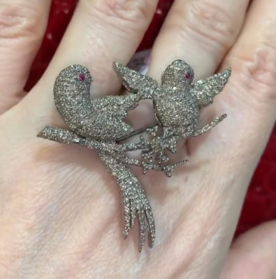 Pave Set Round Cut White Sapphire Two Bird With Tree Branch Brooch Pin For Women