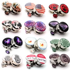 Pair of Screw on Picture Plugs gauges Choose Style and Size 16g thru 1 inch