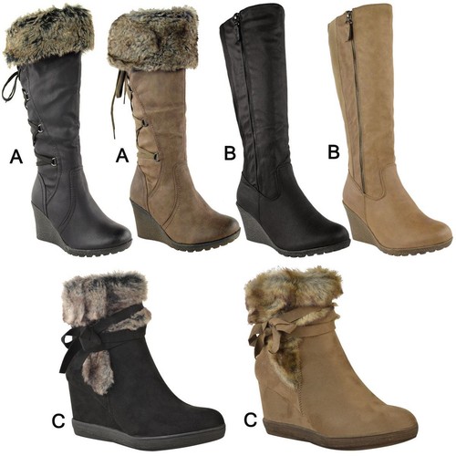 Womens Ladies Wedge Low Heel Winter 
