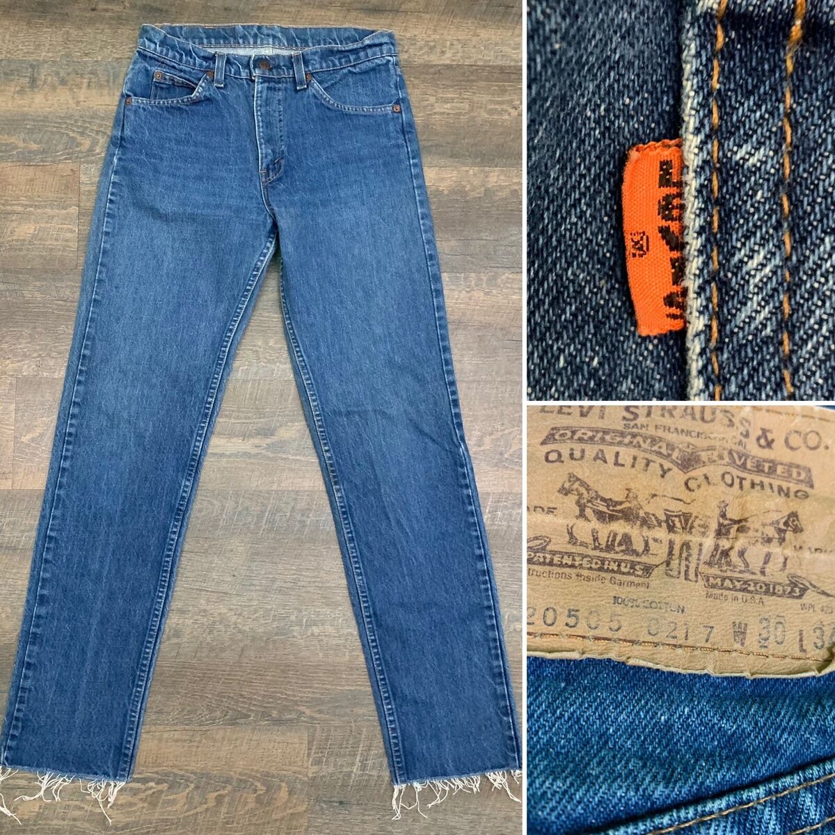 LEVIS 505 - Vtg 70s-80s Made In USA Orange Tab Raw Hem Blue Jeans, Mens 30  x 31