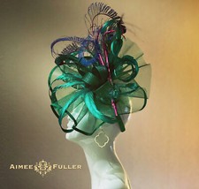 Aimee Fuller Kentucky Derby Emerald Green Fascinator Hat Peacock Feather Frenzy