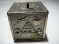Vintage Keepsake Baby Bank Block Design Silver Metal ABCD's Animals  Coins Bank
