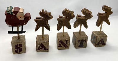 Set Of 5 Lettered Wood Blocks  S-A-N-T-A  Wood Sleigh & Reindeer On Pegs Decor