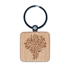 Flower Bouquet Engraved Wood Square Keychain Tag Charm