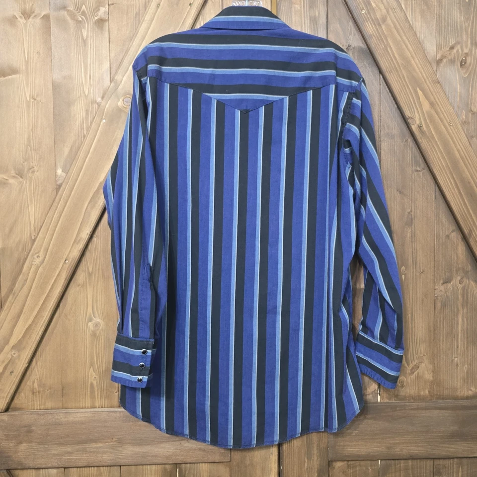 Vintage Rustler Western Snap Shirt Mens M Blue Black Striped Pearl Cowboy 80s - Image 4 of 4