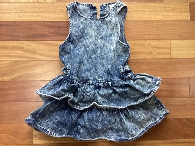 Vintage You Babes Acid Wash Blue Denim Ruffle Dress with Bow Accents Sz 6X