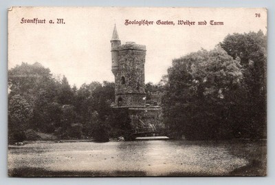 Frankfurt Zoo Garden Pond Tower Germany Vintage Collotype Postcard c1910
