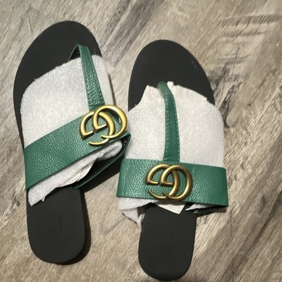 Gucci Logo Slide Sandals Women US 9.5 Green/Black/Gold Leather Rubber Slip-On