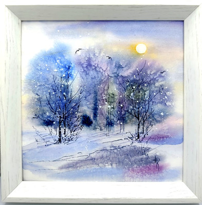 New Year Watercolor Original Painting 7x7 in Framed Abstract  Winter Landscape