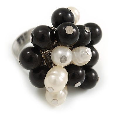 Black/ Cream Faux Pearl Bead Cluster Ring in Silver Tone Metal - Adjustable 7/8