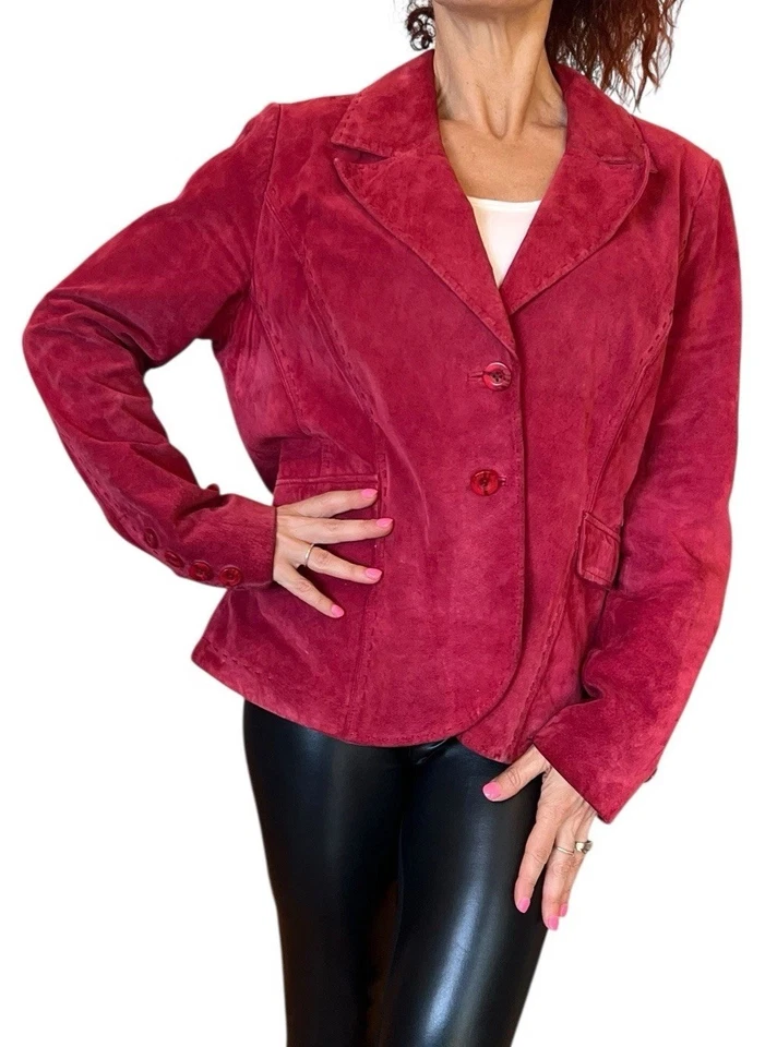 CHAQUETA BLAZER DE GAMUZA DE CUERO ROJO VINTAGE EXCLUSIVA DE NEIMAN MARCUS XL Foto 2 de 4