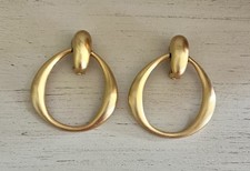 Vintage Open Hoop Drop Oversized Brushed Gold tone Clip On Door knocker Earrings