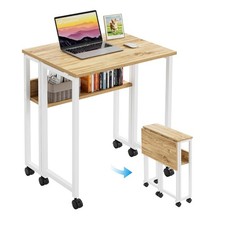 Folding Desk with Storage Shelf & Wheels – Compact Oak Workstation