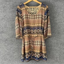 AUW Womens Crochet Back Floral Boho Dress Size Large Tan Navy Half Sleeve Lined