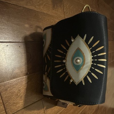 Black Small Shoulder Bag with Eye Motif Studded Accents Detachable Strap