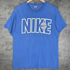 Vintage 80s Nike Swoosh Spellout Faded Blue Graphic T Shirt Size L Made in USA