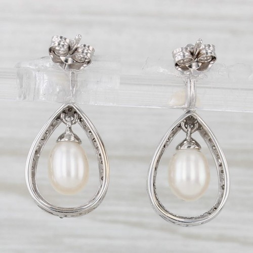 Cultured Pearl Diamond Teardrop Earrings 14k White Gold - Picture 3 of 6