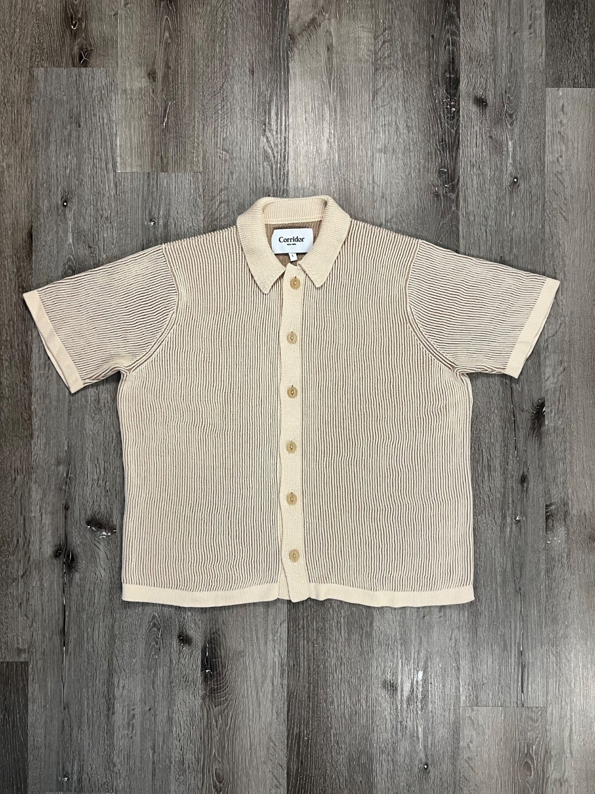 Corridor NYC Mens Large Plated Natural Striped Button Up Short Sleeve 100%Cotton