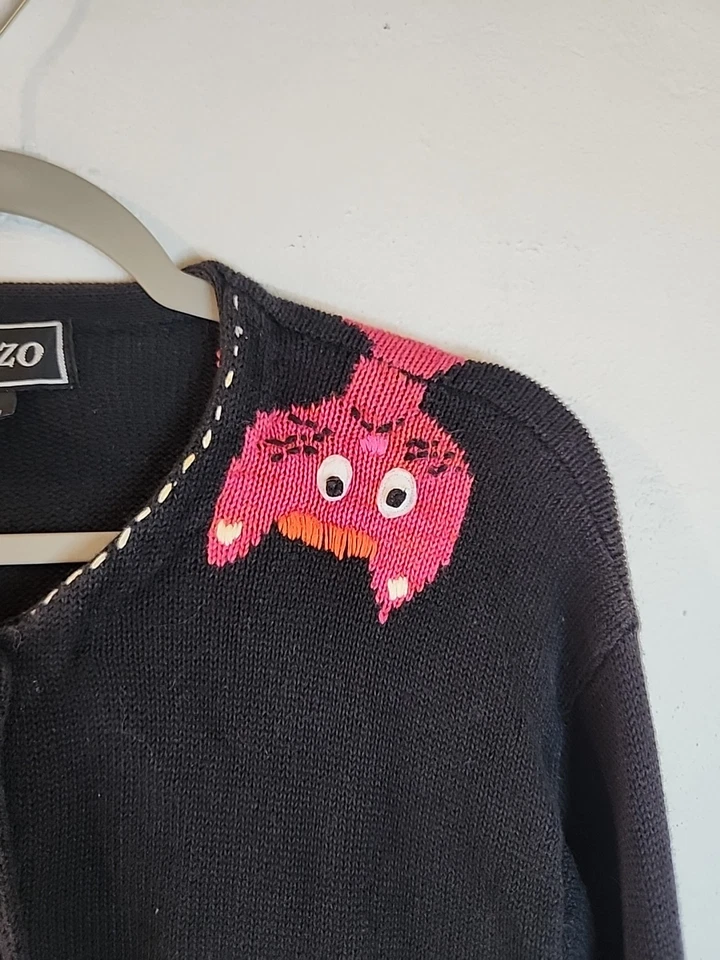 Cárdigan Suéter Vintage Años 90 Terazzo Rosa Gato Art Deco Coches Moderno Grande Foto 3 de 4