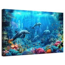 Ocean Dolphin Wall Art Beach Bathroom Decor Nautical Themed Blue Under Sea Wo...