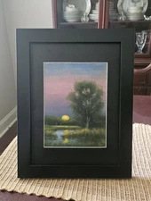 "Moonrise on the Marsh." Original oil painting landscape 6"x8" in 9"x12" frame. 