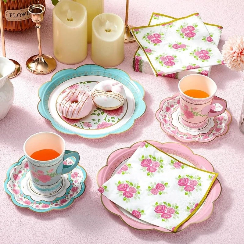 Conjunto de festa chá descartável floral 24 xícaras pratos guardanapos eventos reuniões novo - Imagem 3 de 4