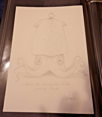 Travis Louie original pencil drawing 9 x 12, squid and bird