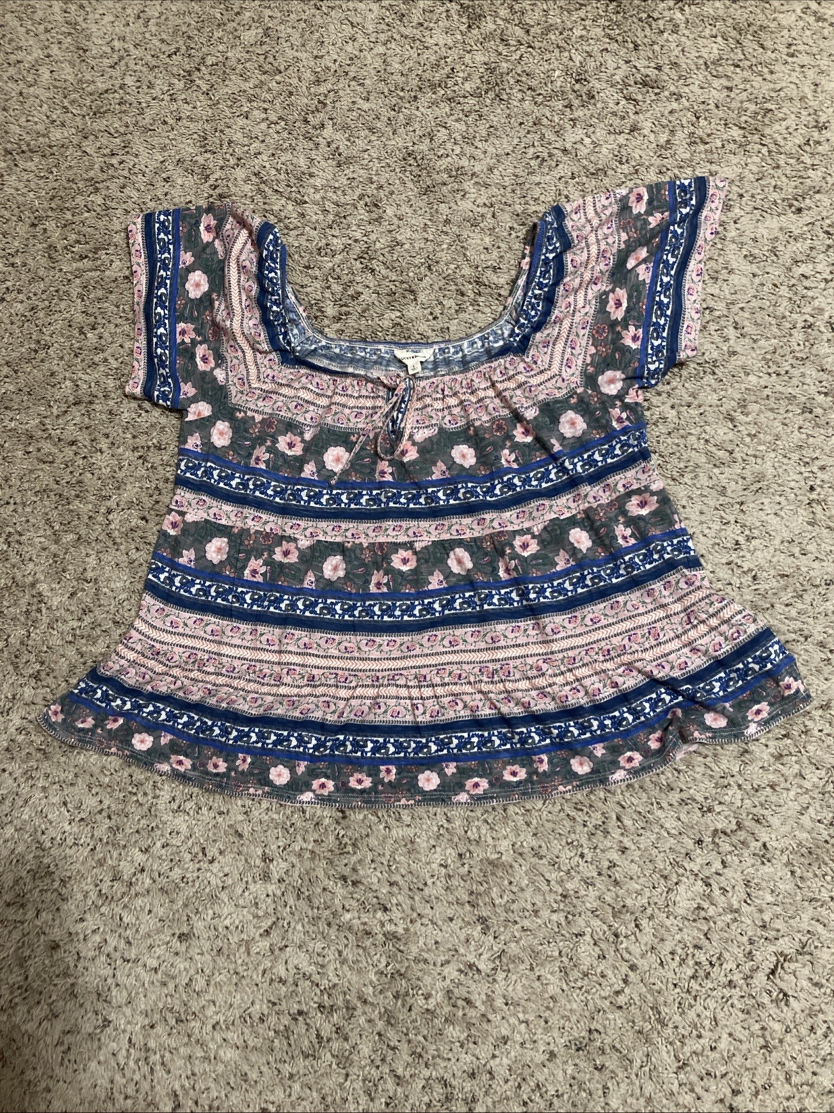 NWT Lucky Brand Short Sleeve Floral Scoop Neck Blouse top Women’s Sz Large L