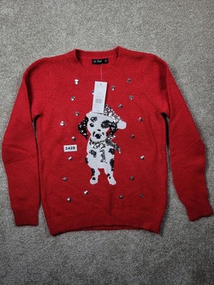 F&F festlicher roter Weihnachtspullover mit Dalmatiner und Pailletten