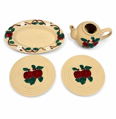 Vintage Ceramic Apple Teapot & Serving Dish Set- Raised Fruit Design Cream China