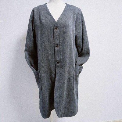 ICHI Antiquites Linen-Wool Blend Long Coat No Collar Gray
