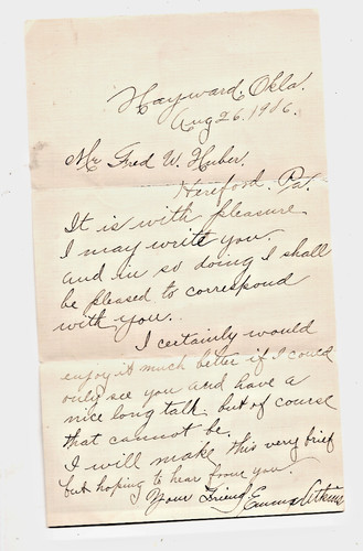 HAYWARD OKLAHOMA TERRITORY 1906, WOMAN WANTS TO MEET MAN FROM HEREFORD PENN.